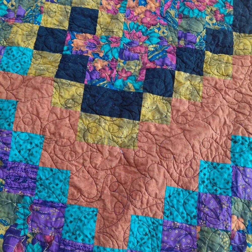 Handmade Spiral Quilt 70x90 Large Art Quilt Bedspread Boho Colorful Blanket